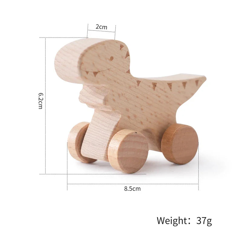 1 pc Beech Wood Montessori Toy Dinosaur with wheels multivariant