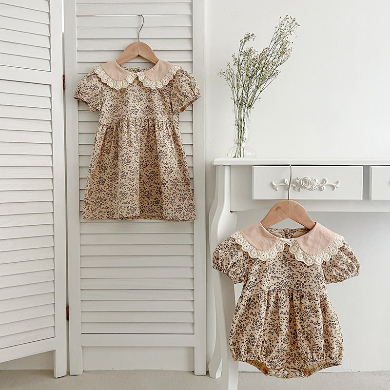 Design Summer Baby Kids Girls Floral Pattern Short Sleeves Peter Pan Collar bodysuit And Girls’ Dress – Princess Sister Matching Set