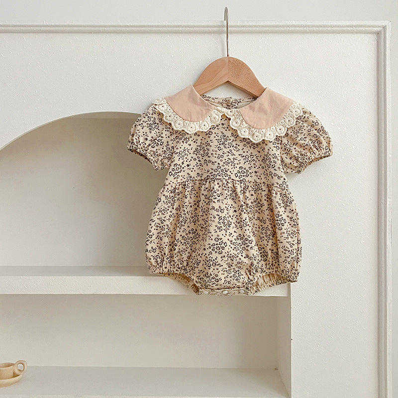 Design Summer Baby Kids Girls Floral Pattern Short Sleeves Peter Pan Collar bodysuit And Girls’ Dress – Princess Sister Matching Set