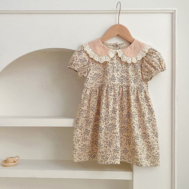 Design Summer Baby Kids Girls Floral Pattern Short Sleeves Peter Pan Collar bodysuit And Girls’ Dress – Princess Sister Matching Set