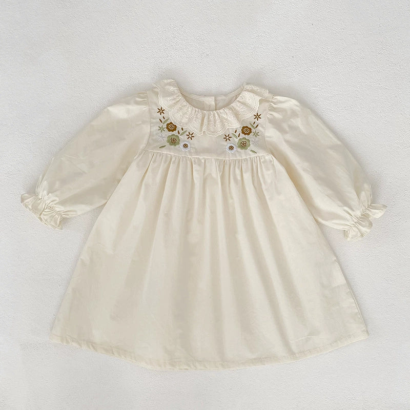 Arrival Autumn Girls Flowers Embroidery Pattern Long Sleeves Dress with Collar