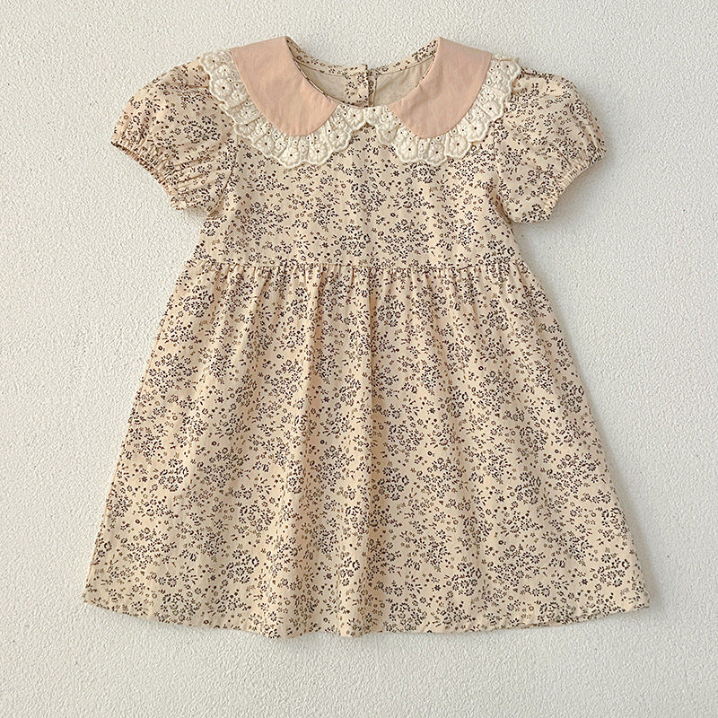 Design Summer Baby Kids Girls Floral Pattern Short Sleeves Peter Pan Collar bodysuit And Girls’ Dress – Princess Sister Matching Set